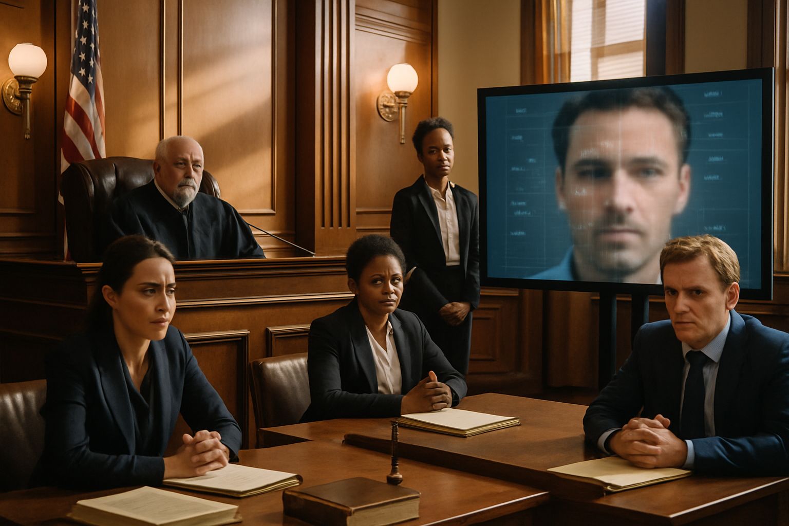 Courtroom scene relevant to Government AI Overreach debates over facial recognition.