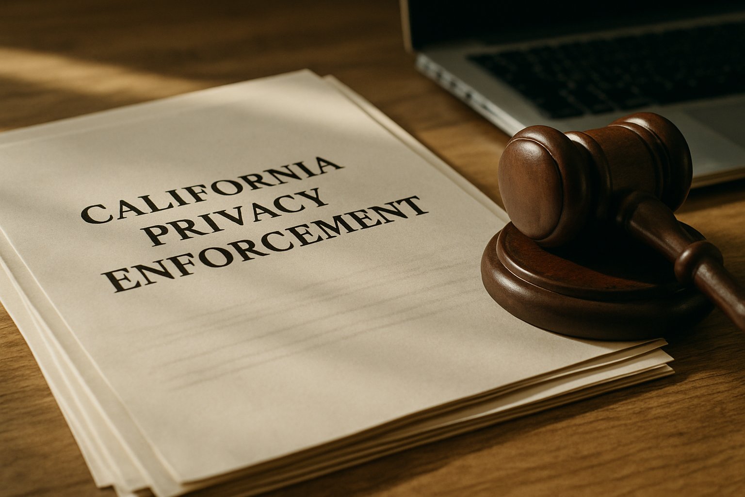 California Privacy Enforcement Action legal documents and gavel