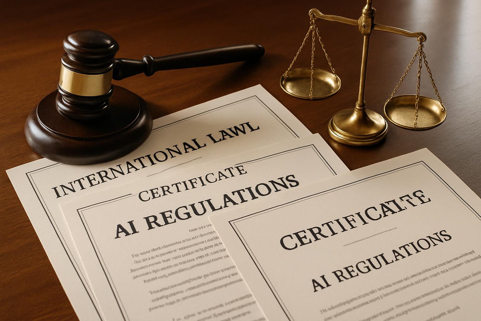 Official documents and scales of justice symbolizing International Law for AI governance.
