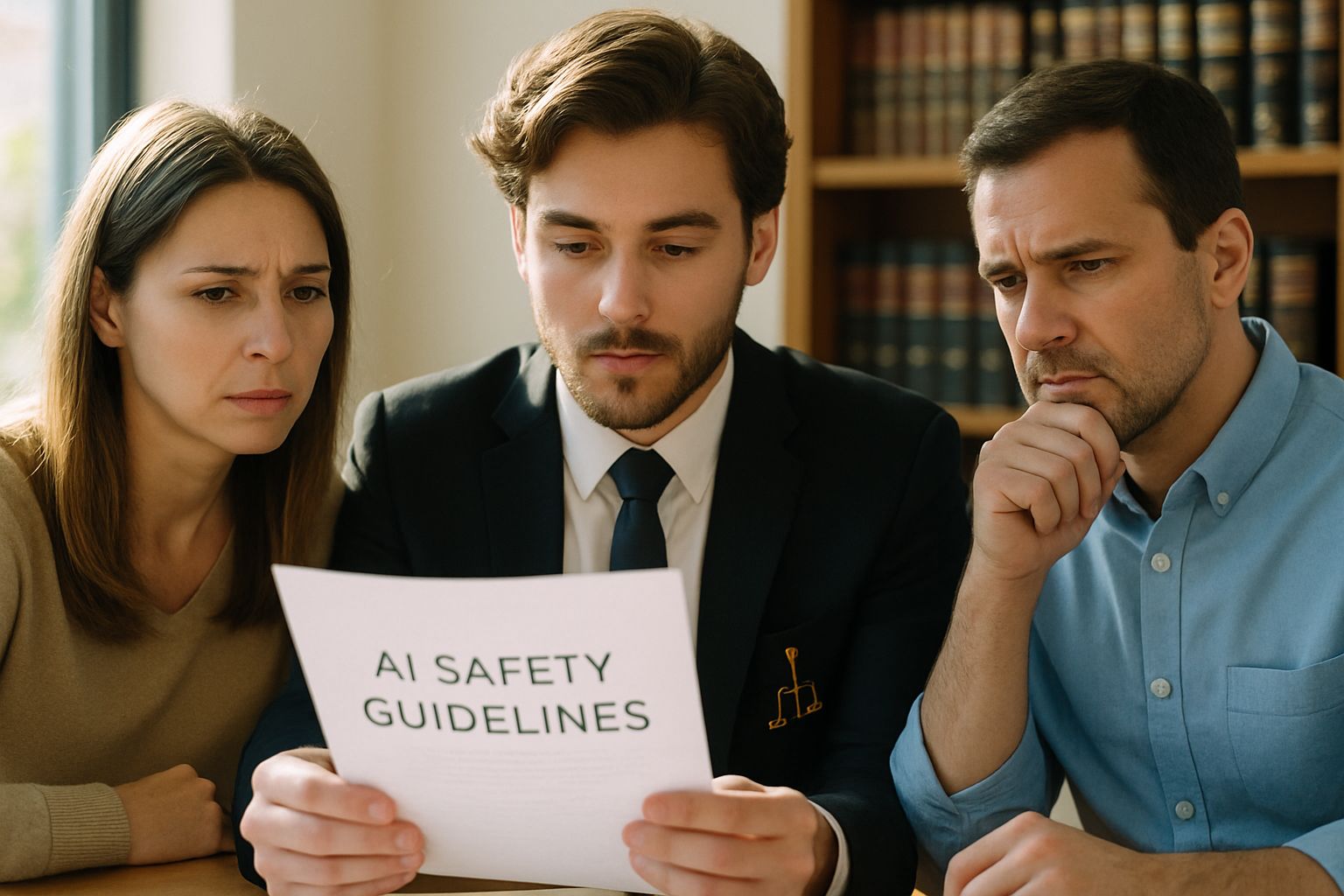 Parents discuss Youth Safety guidelines with young lawyer on AI issues.