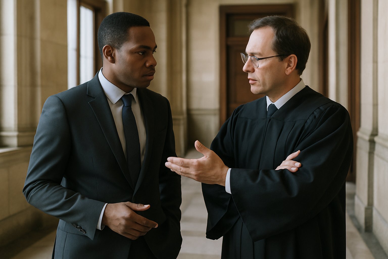 Two professionals discussing Law in a courthouse hallway.