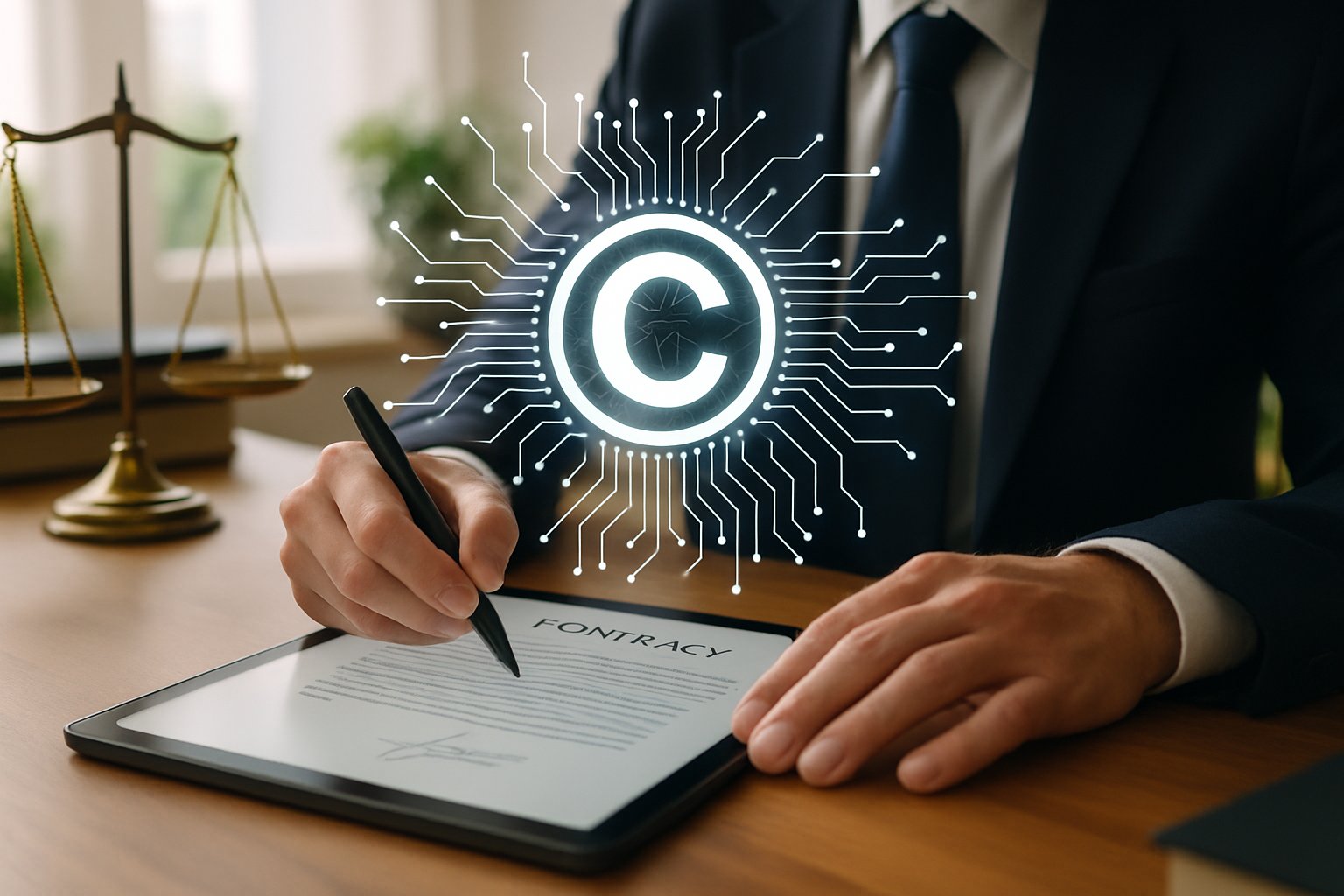 Lawyer signing digital contract for AI IP Protection in modern office.