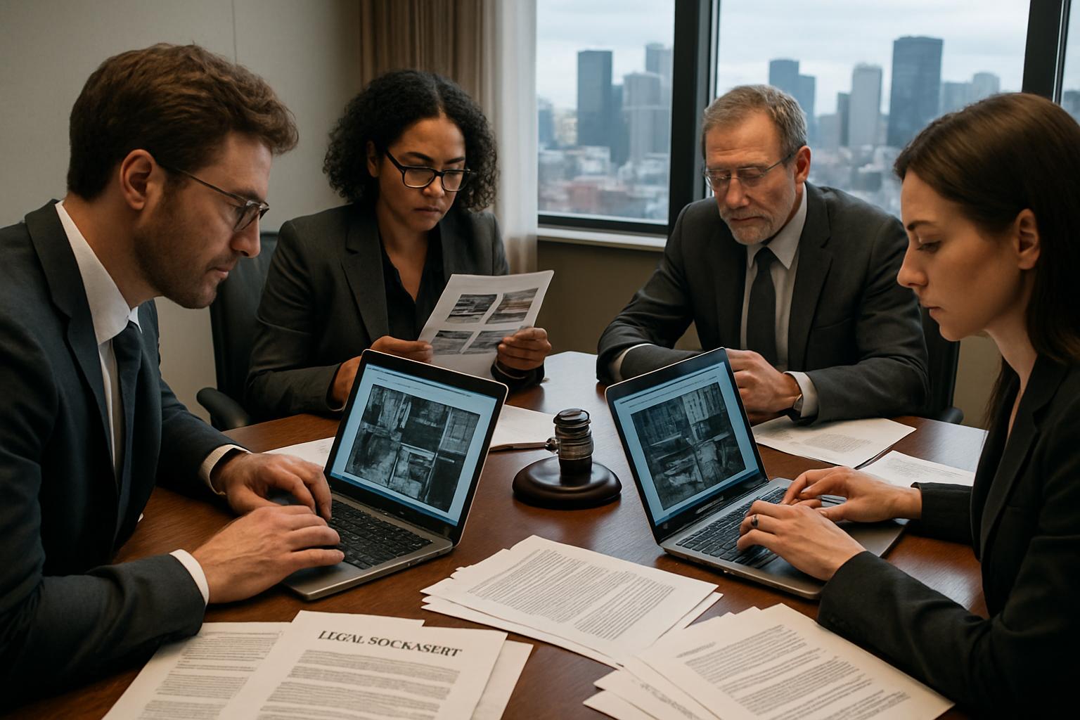 Legal experts reviewing digital evidence for deepfake lawsuit case.