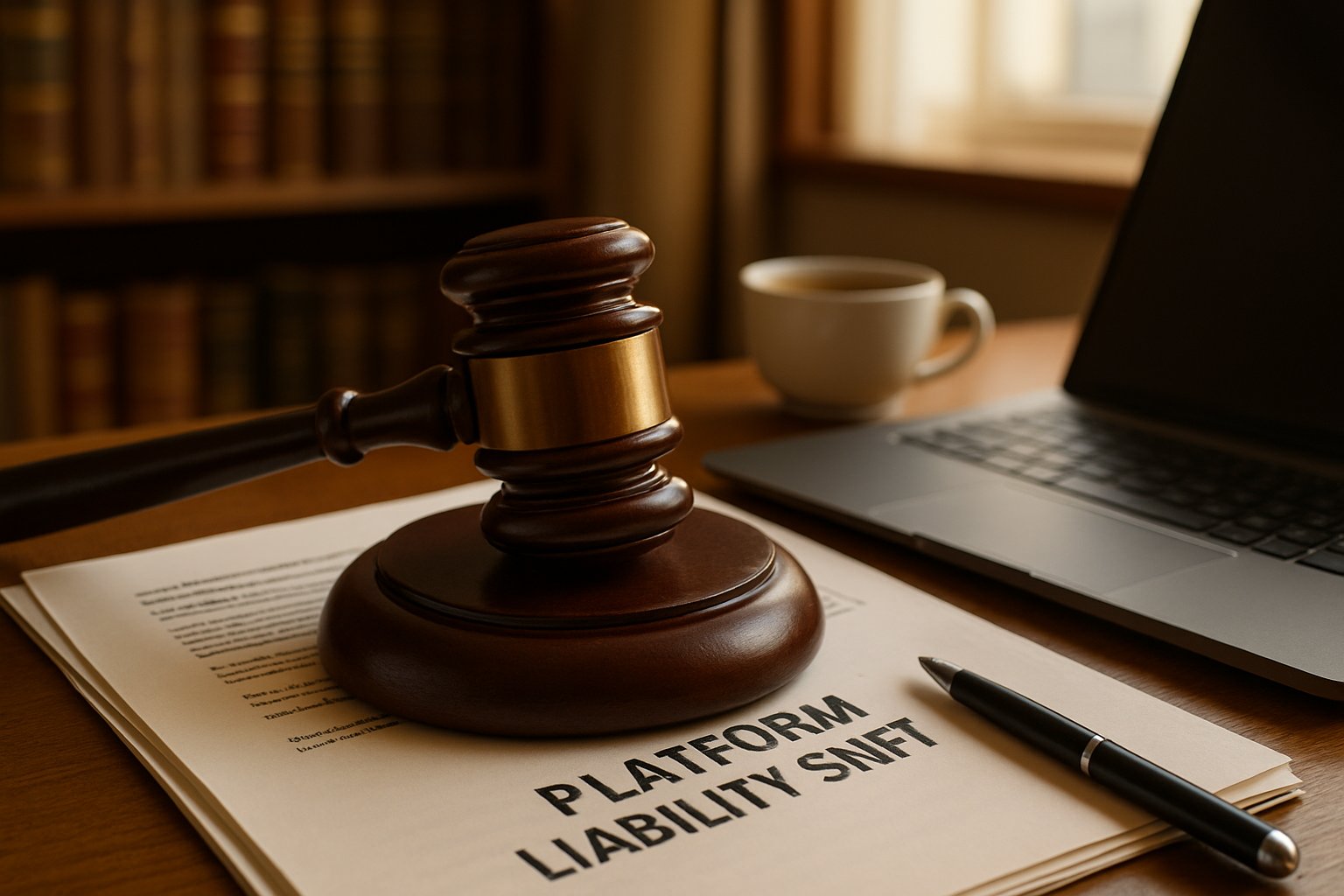 Platform Liability Shift legal documents with gavel and technology elements.