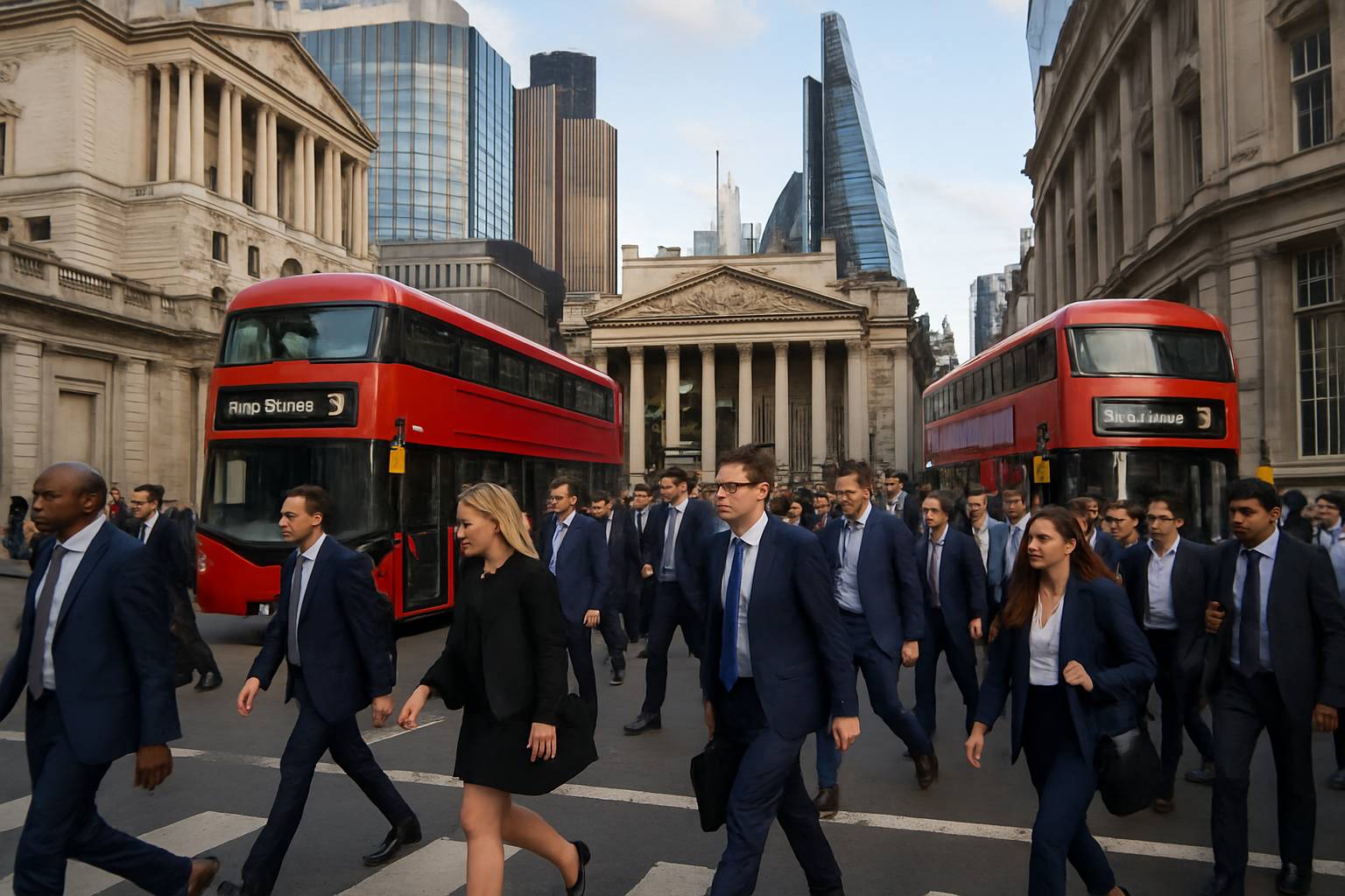 London financial district workers representing the Future of Capital Labor during rush hour.