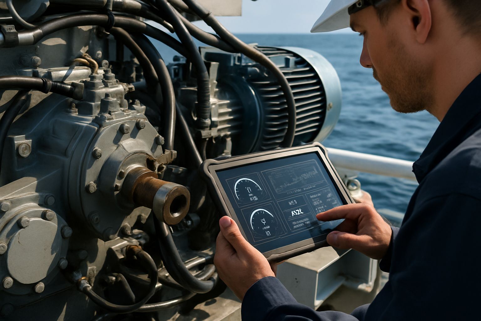 Technician working with Predictive Maintenance System on vessel machinery.