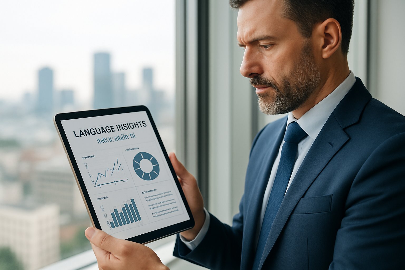 Manager reviewing Management AI dashboard with linguistic insights