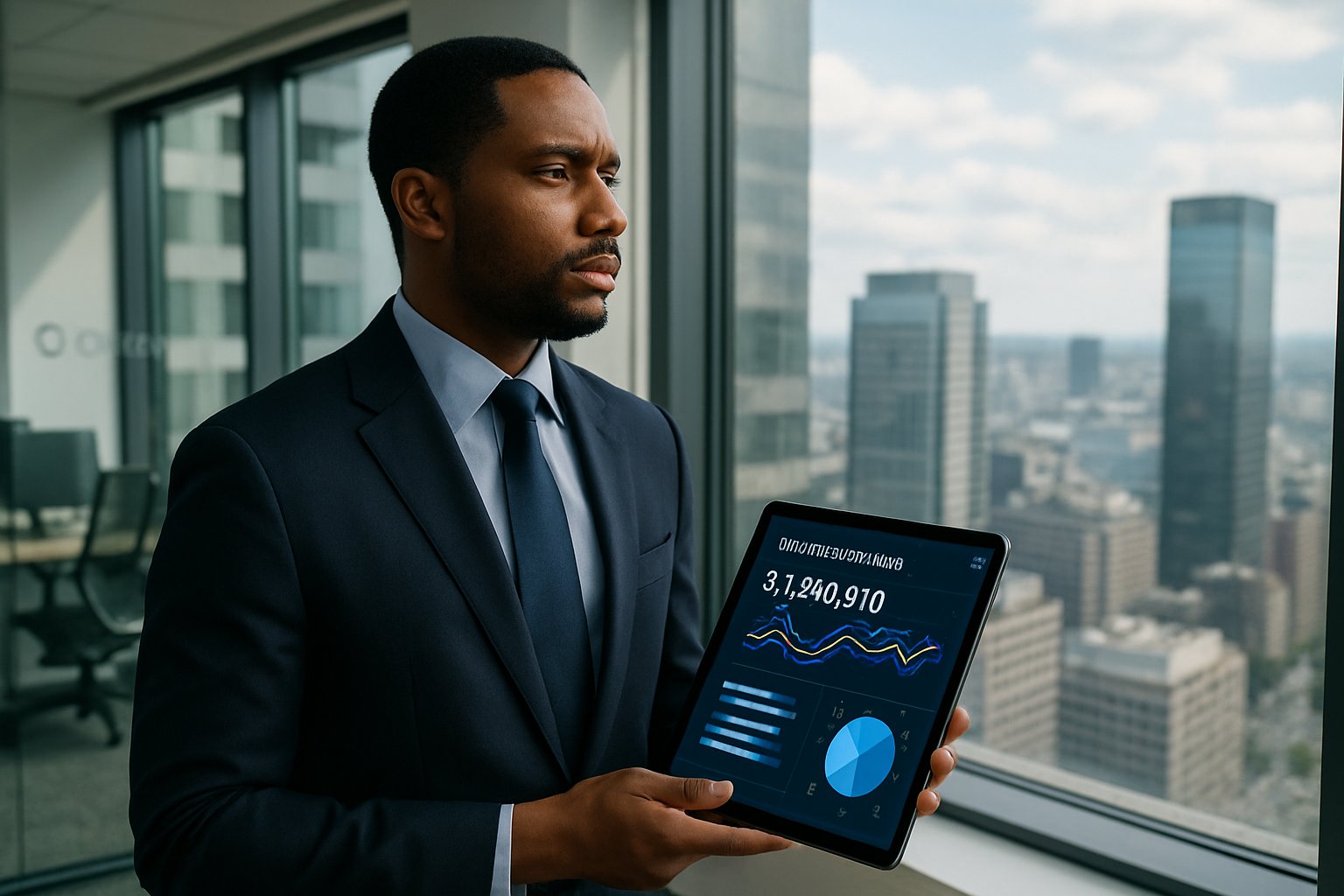 Enterprise Software Sales manager reviewing market data and facing industry competition.