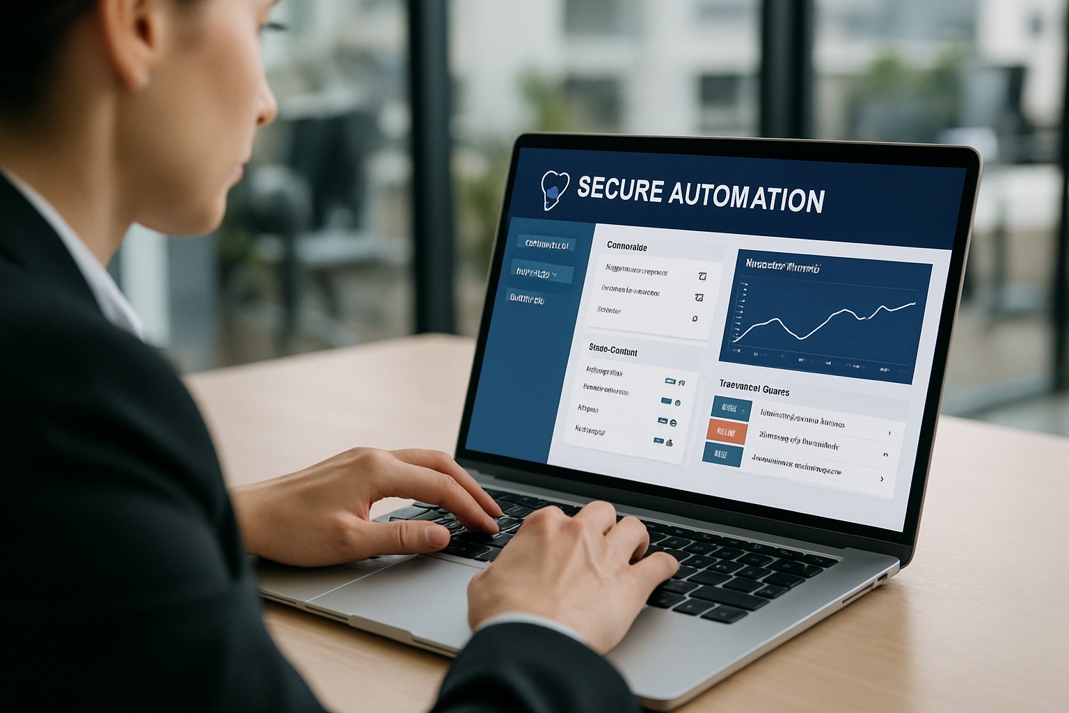 Businessperson managing Secure Automation software on laptop in office setting