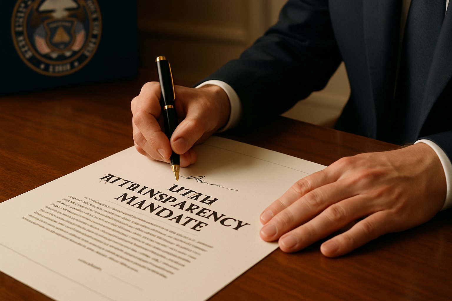 Hand signing Utah AI Transparency mandate document in office