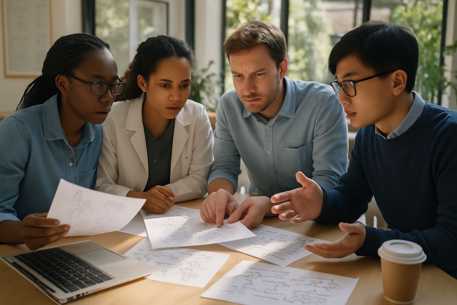 Researchers in Material Science discussing AI-driven synthesis strategies.