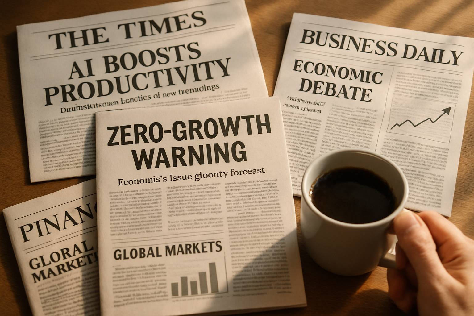 Financial magazines headline AI Productivity Debate Controversy and zero-growth warnings.
