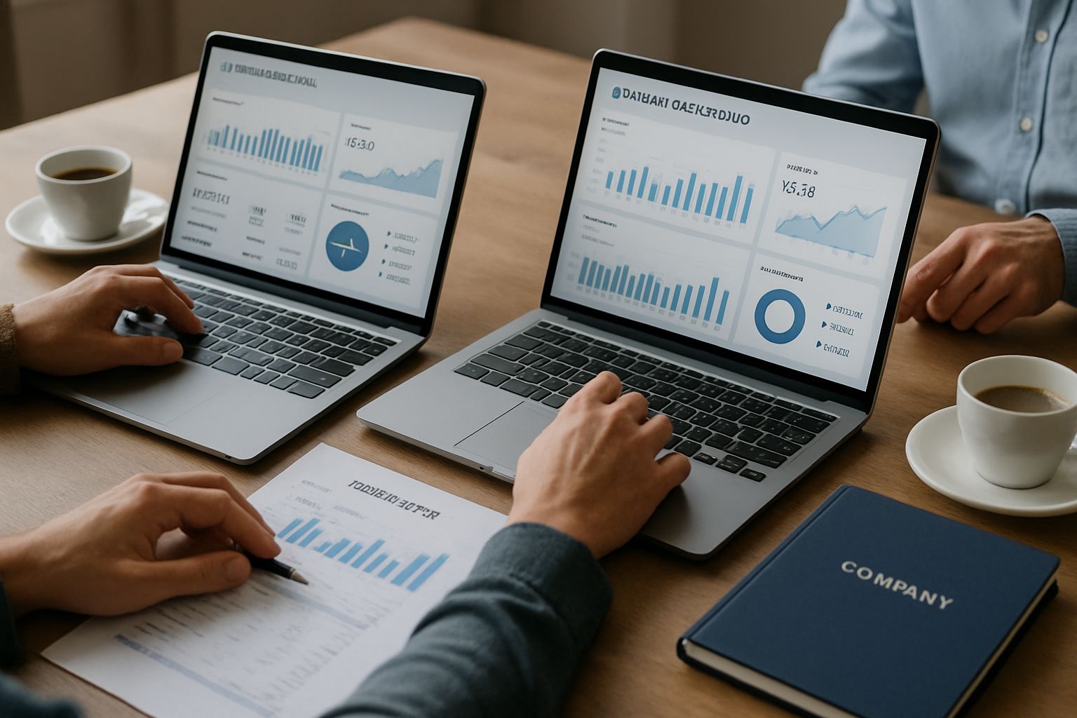 Business meeting with B2B Services platform on laptops.