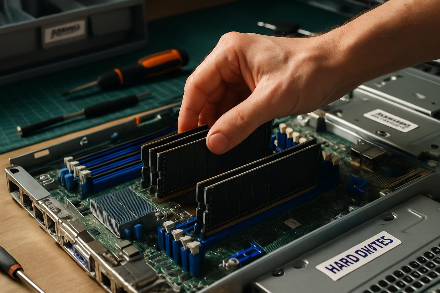 Technician installing memory modules into an AI Infrastructure server.