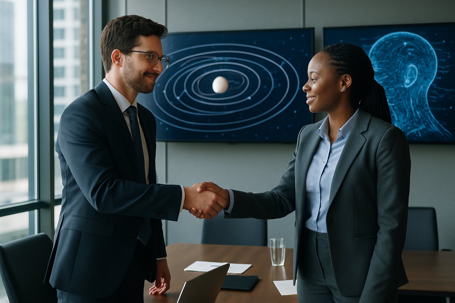 SpaceX xAI Merger business professionals shaking hands in a modern tech office.
