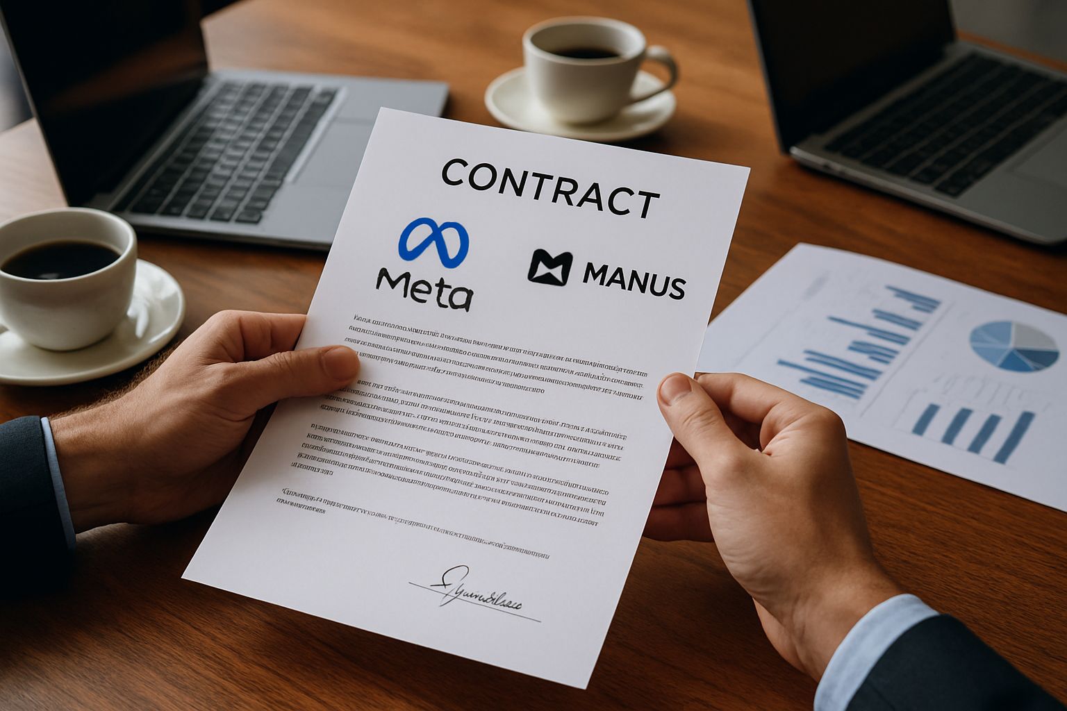 Meta signing the Manus AI acquisition contract in a realistic business setting.