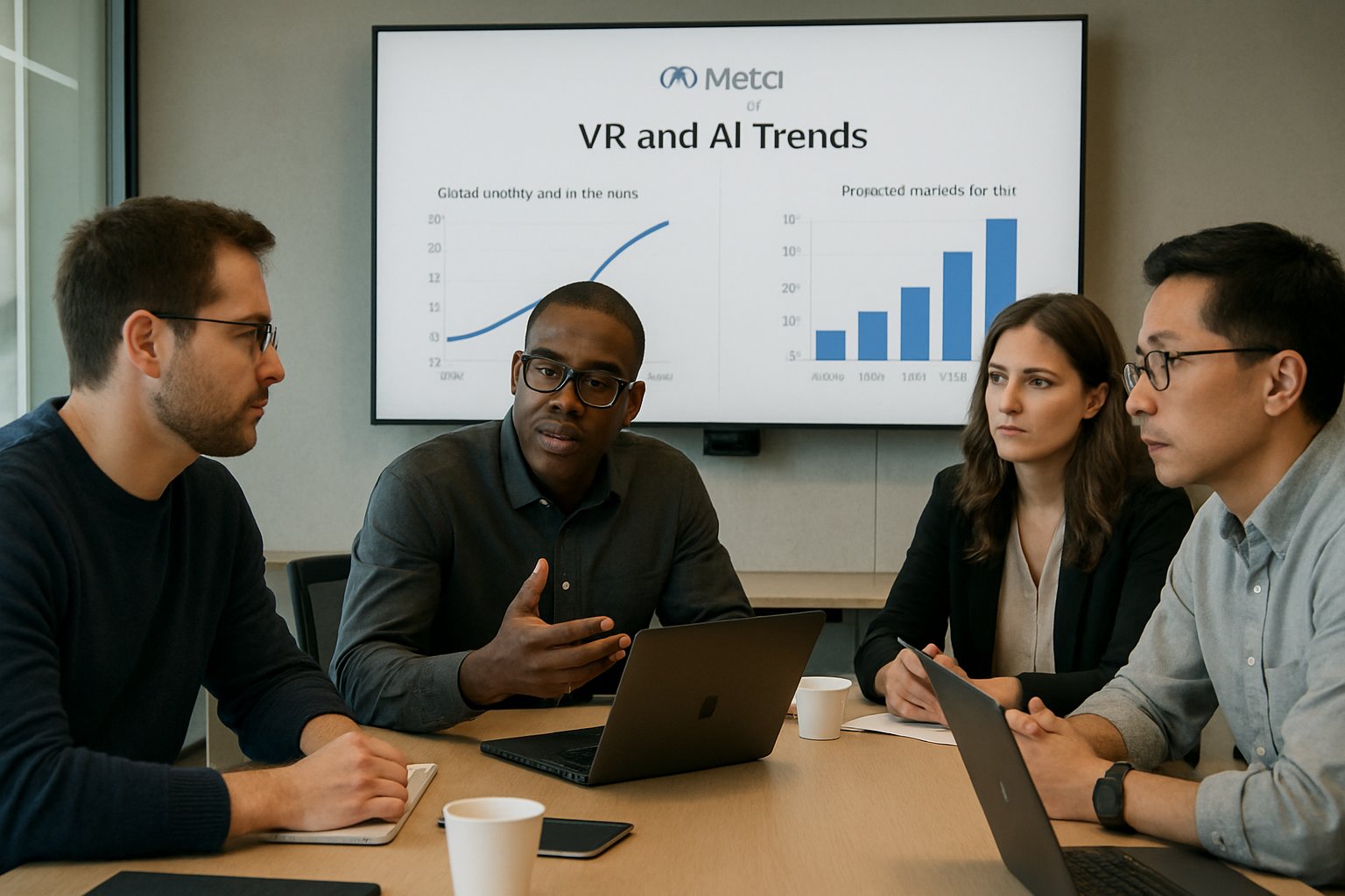 Meta executives in a strategic meeting with VR and AI charts in background.