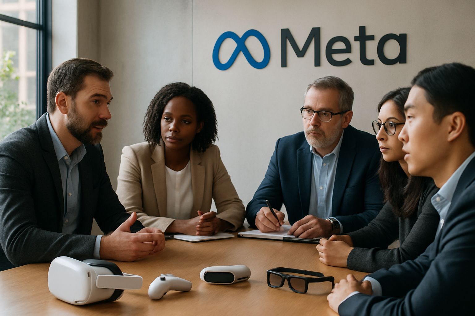 Meta professionals discussing VR and AI strategy in a modern meeting room.