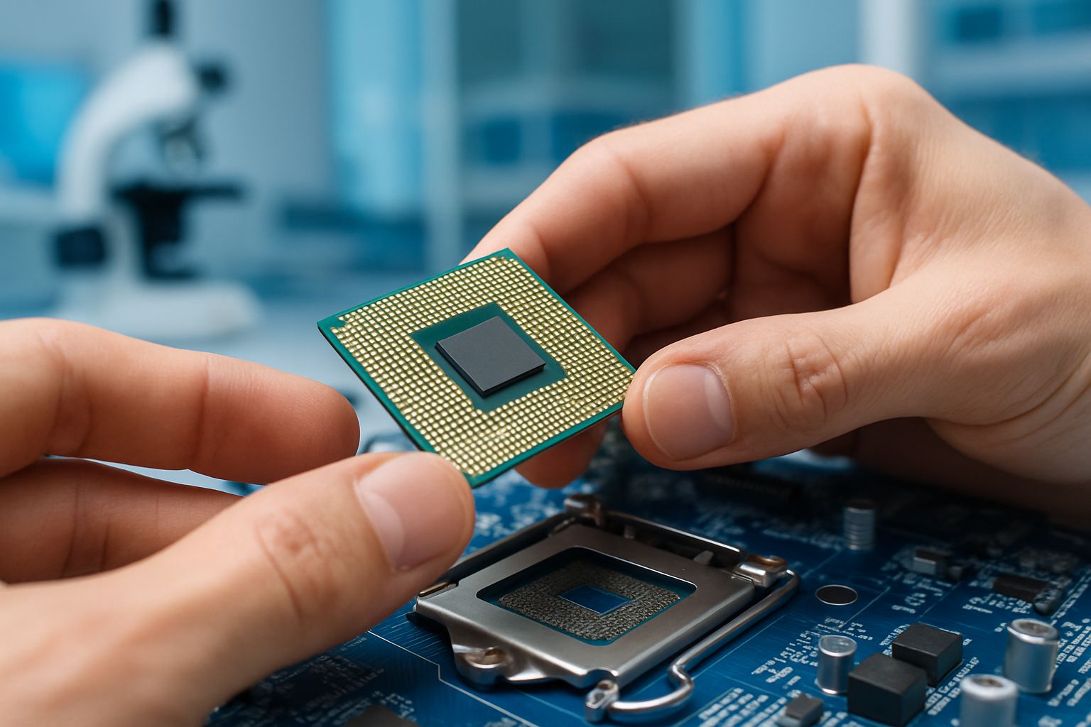Close-up of hands installing microchip on a board for AI Hardware innovation.