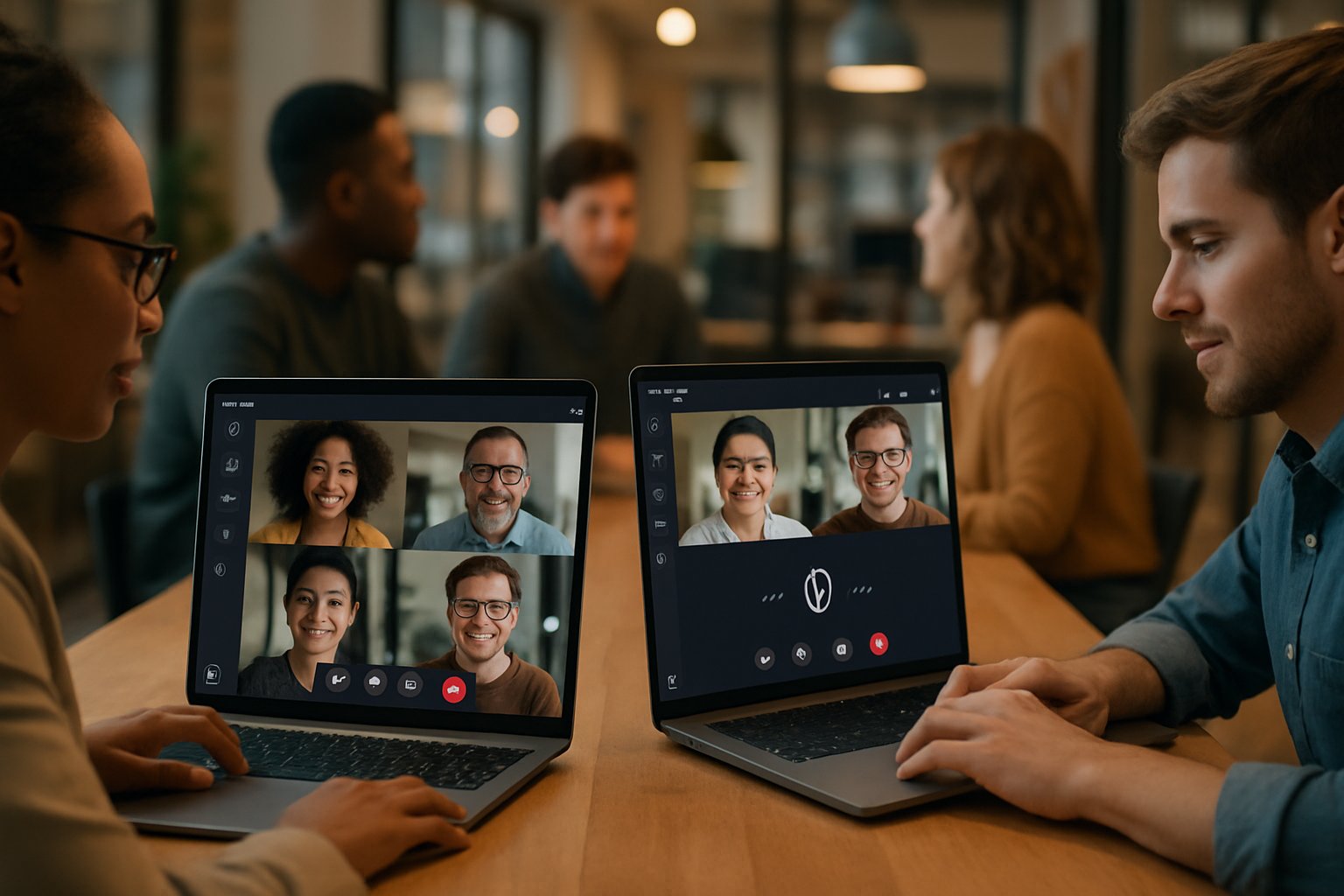 Realistic office meeting referencing Voiceprints Lawsuit via Microsoft Teams usage.