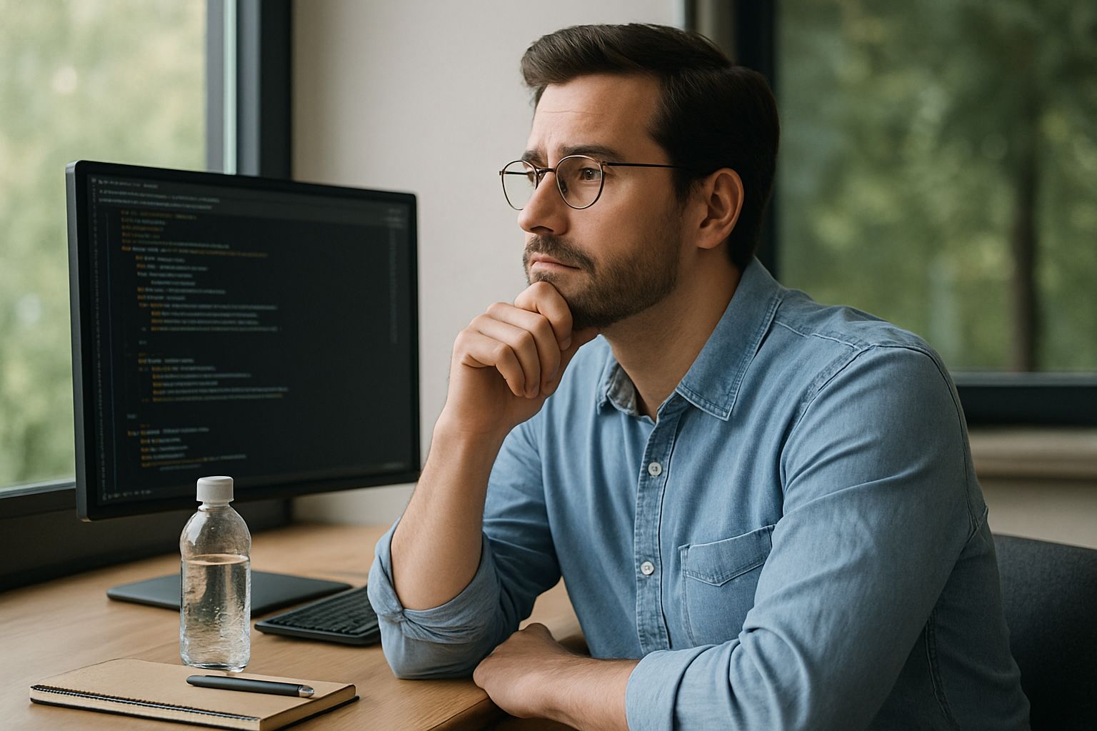Dev Wellness illustrated by a developer taking a mindful break in a sunlit office.