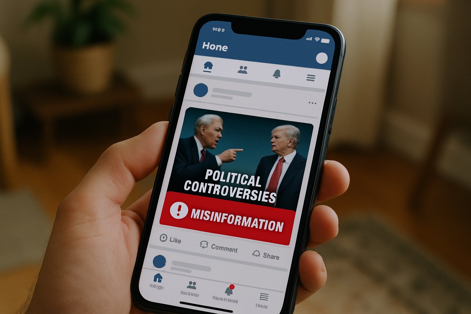 Phone user sees meme flagged as false due to Deepfake Controversy on social media feed.