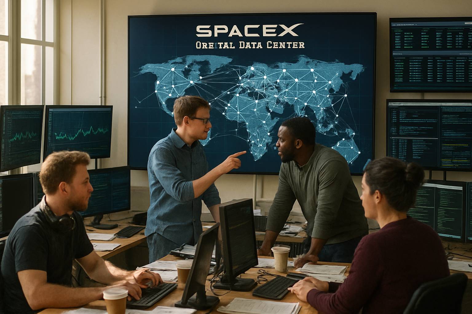 Engineers monitor live Orbital Data Centers satellite network data feeds on monitors.