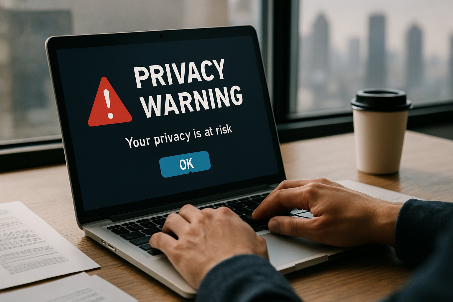 Employee addressing AI Data risks at a secure office laptop workstation.