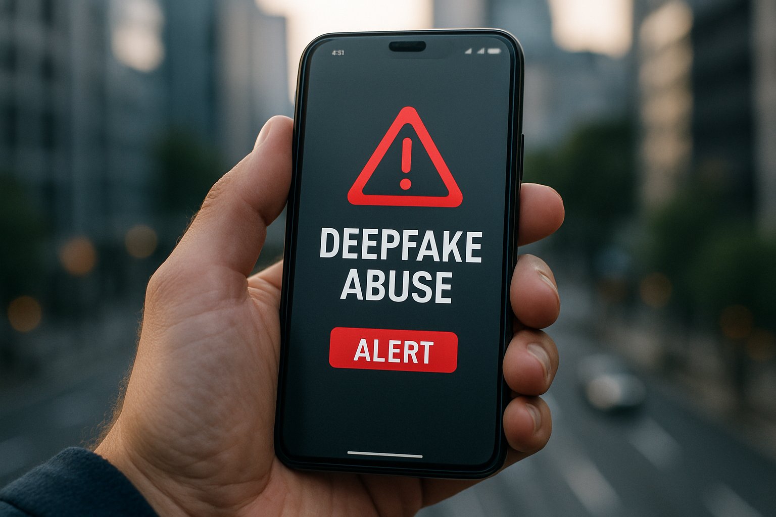 Smartphone warning alert for Deepfake Abuse shown in cityscape background.