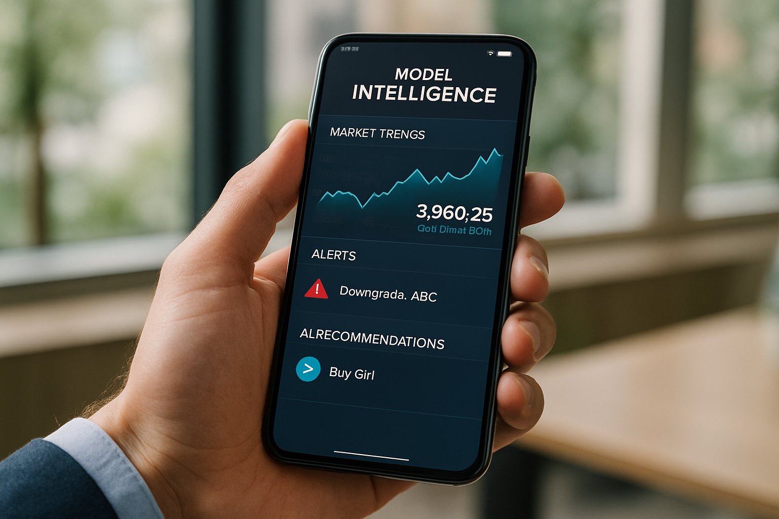 Hand holding smartphone with Model Intelligence powered financial app and data.