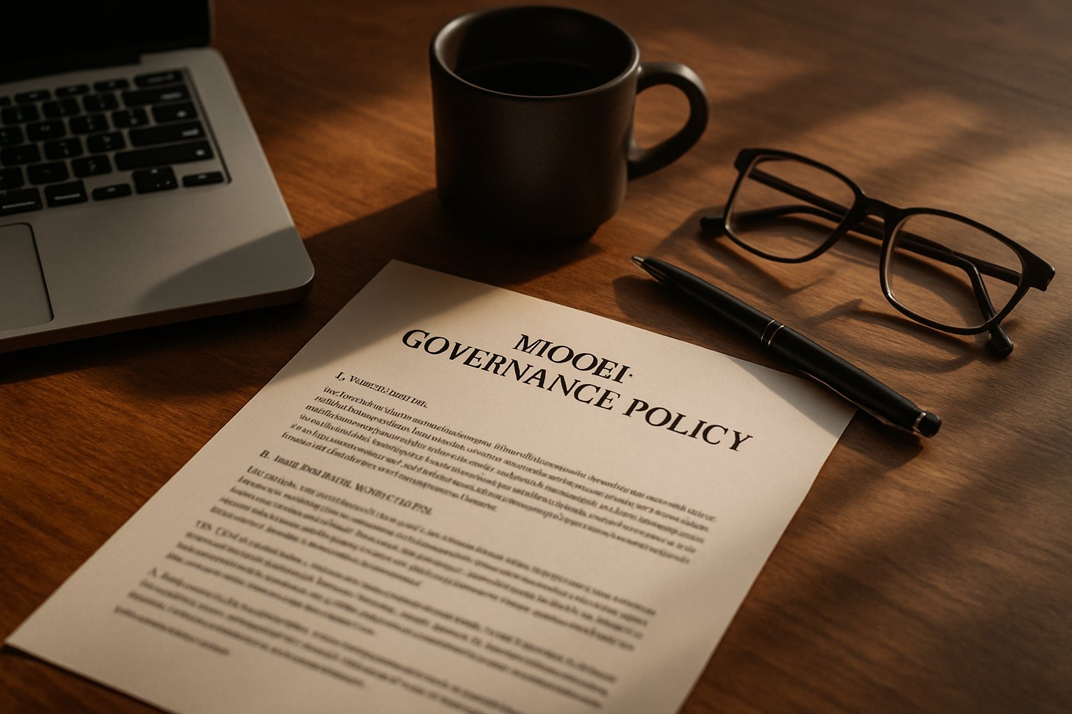 Model Governance Policy document on a desk for corporate compliance review.