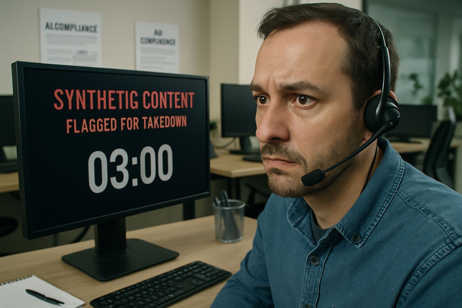 Content moderator reviewing flagged posts for AI Regulation compliance.