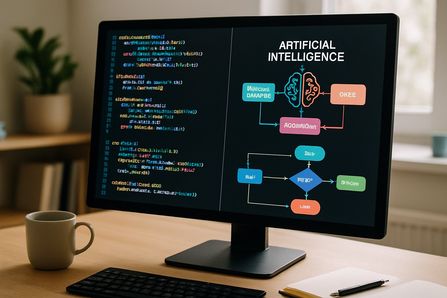 Computer screen showing AI Software Development coding interface and logic diagrams.