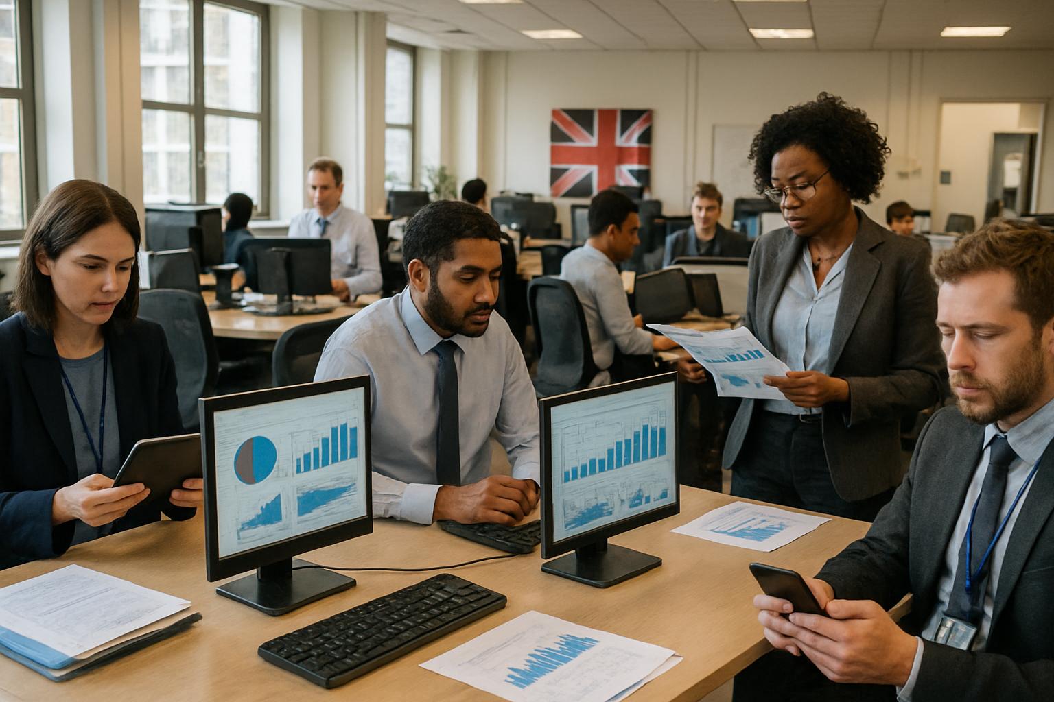 UK government office staff using technology in Public Services environment.