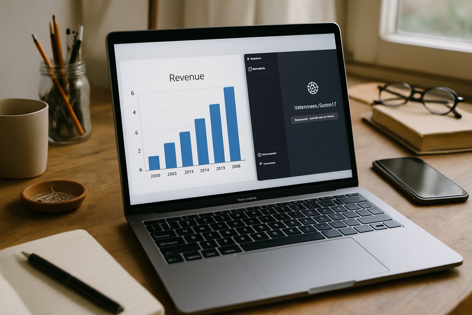 Laptop showing Monetization data and ChatGPT interface on realistic workspace.