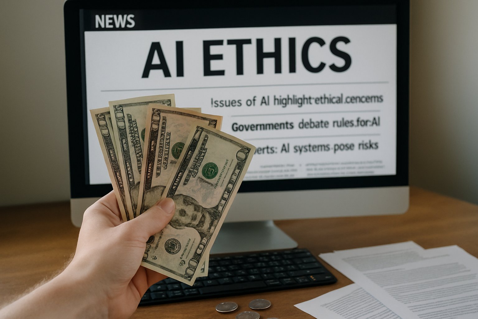 Cash and newspapers highlight the funding challenges of AI Ethics.