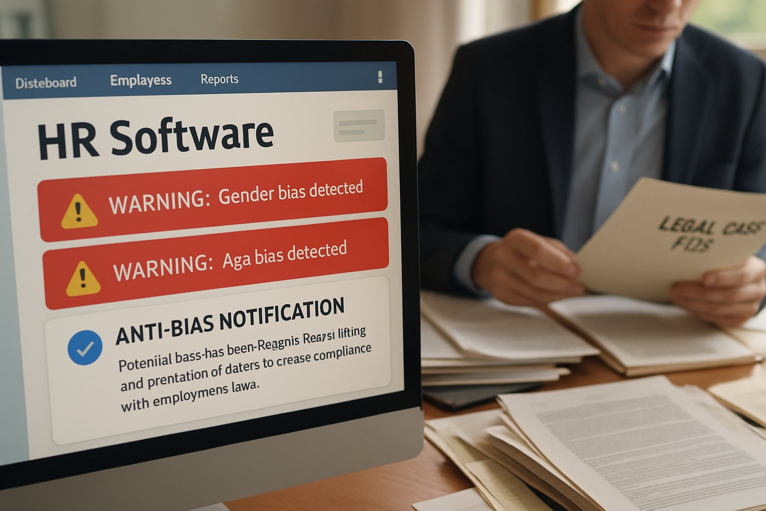 AI HR software on screen with bias alerts being reviewed by HR professional