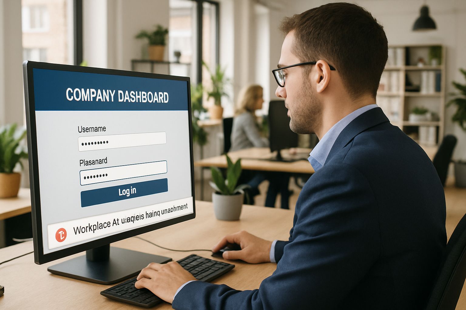 Employee logging into system monitored for Workplace AI activity in modern workspace.