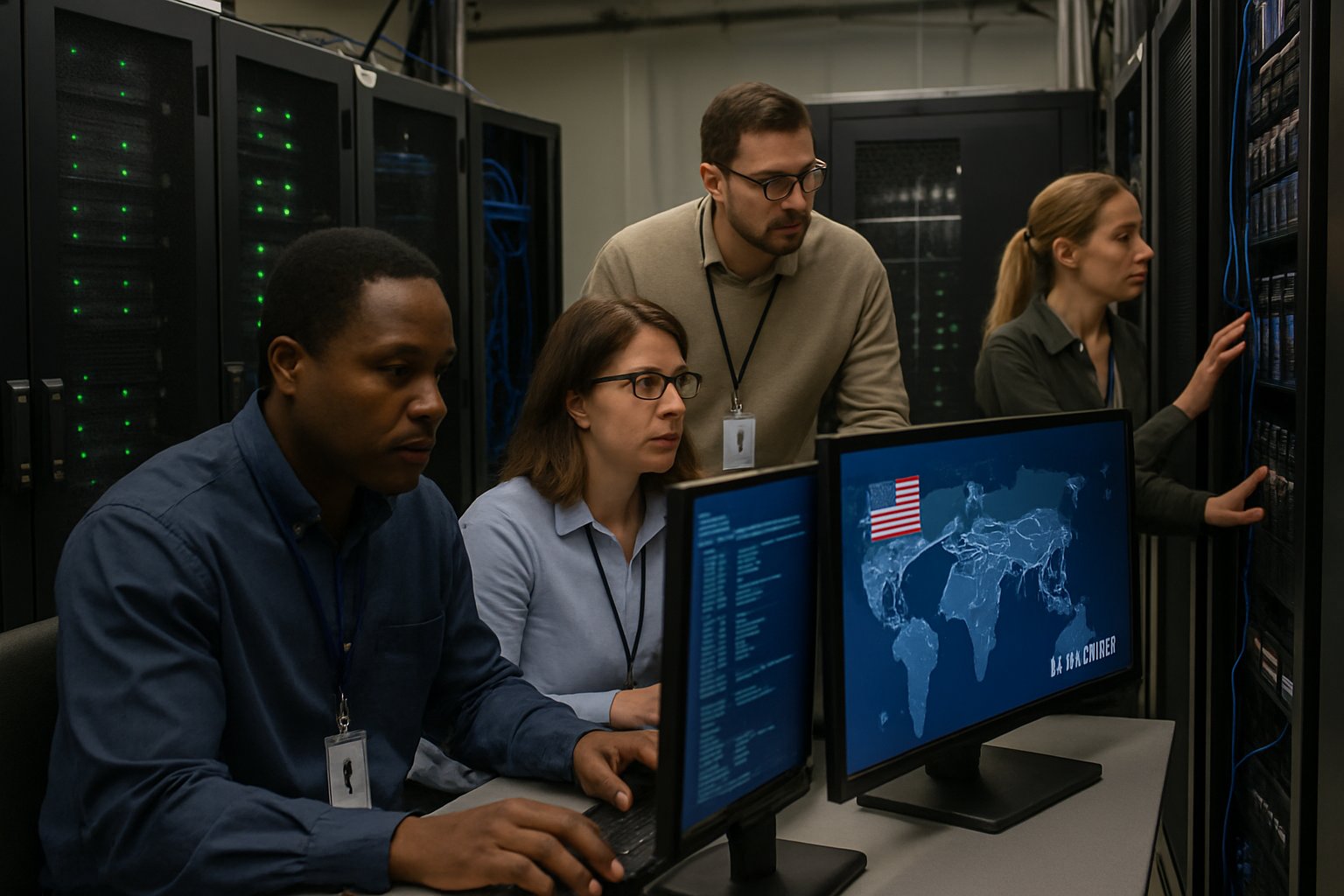 American engineers monitor AI Export Geopolitics from a high-tech server room.