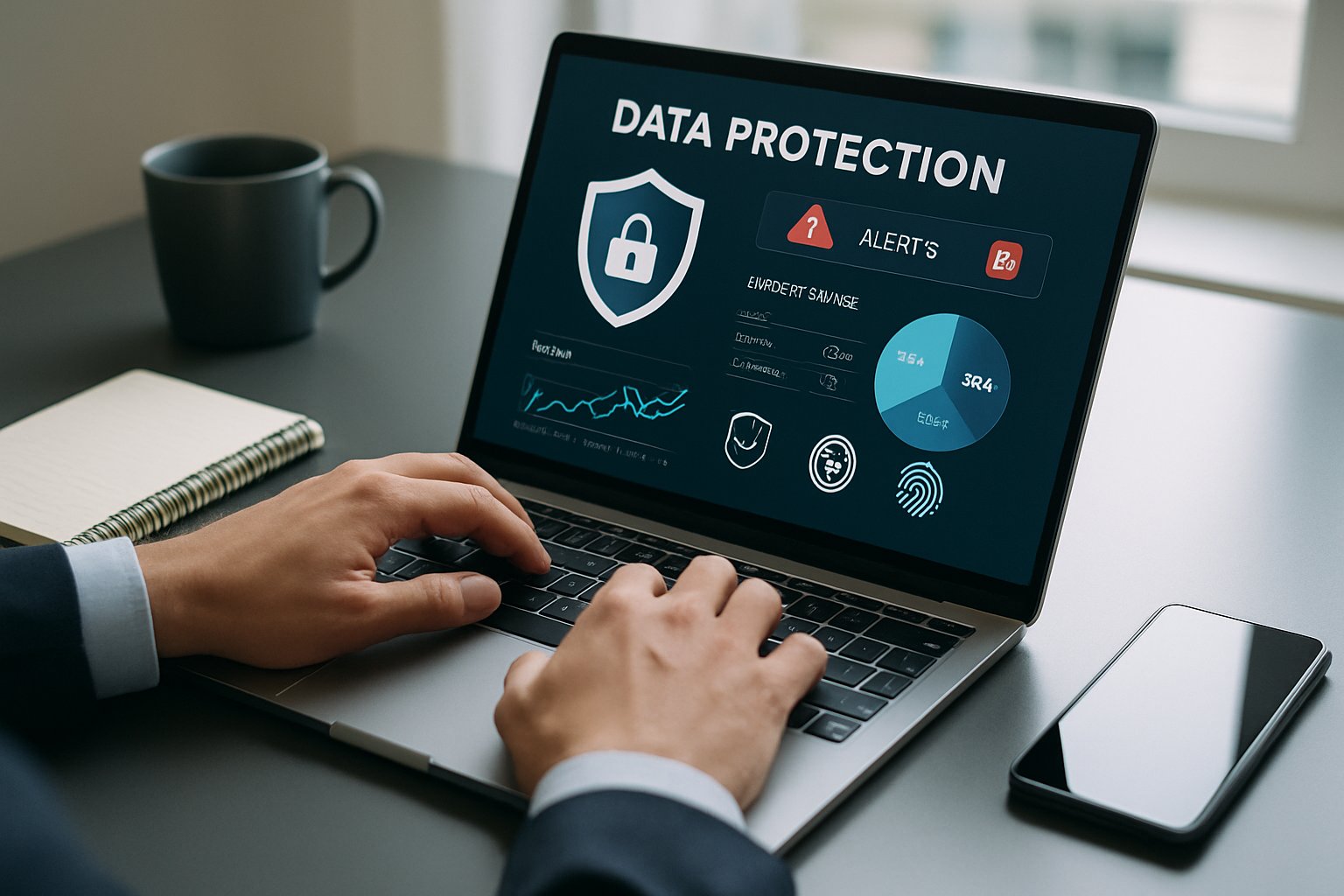 Professional monitoring Data Loss Prevention dashboard on laptop.