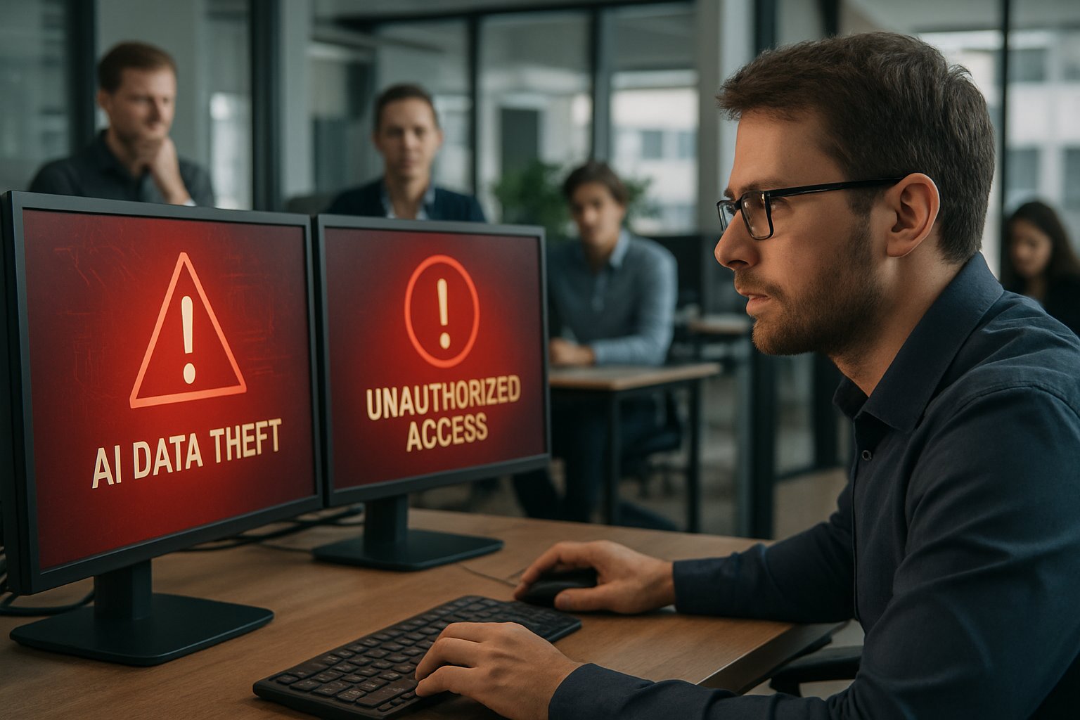 IT specialist monitors AI Data Theft alerts on multiple screens in office.