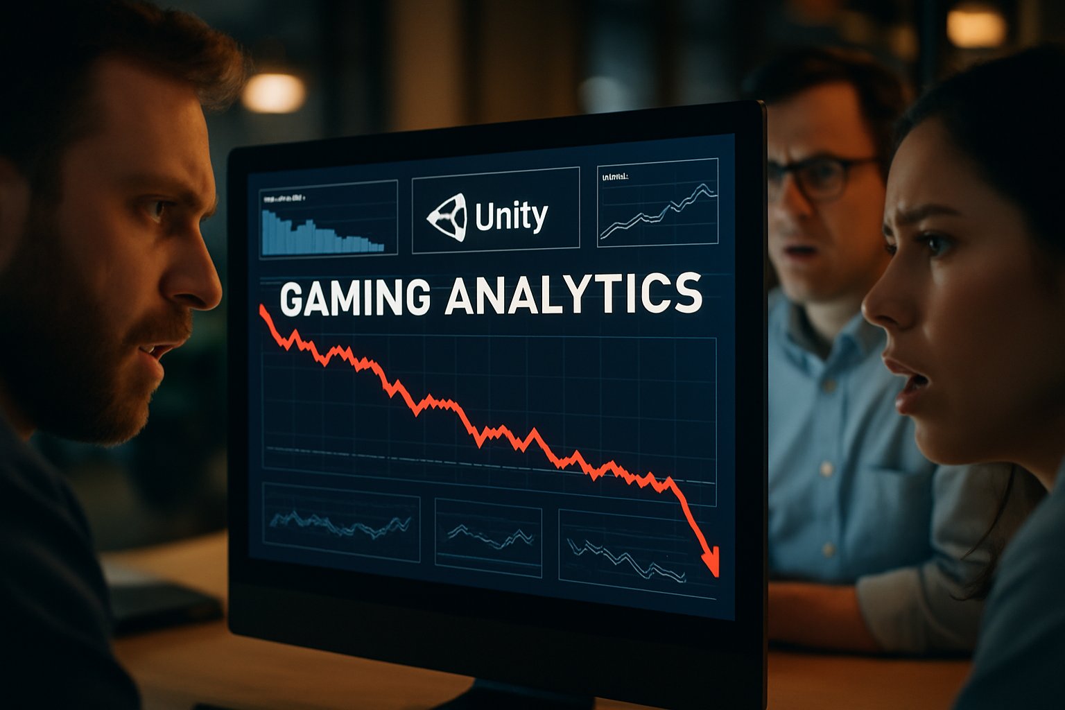 Analytics dashboard shows Unity stock and Gaming AI Disruption trends.