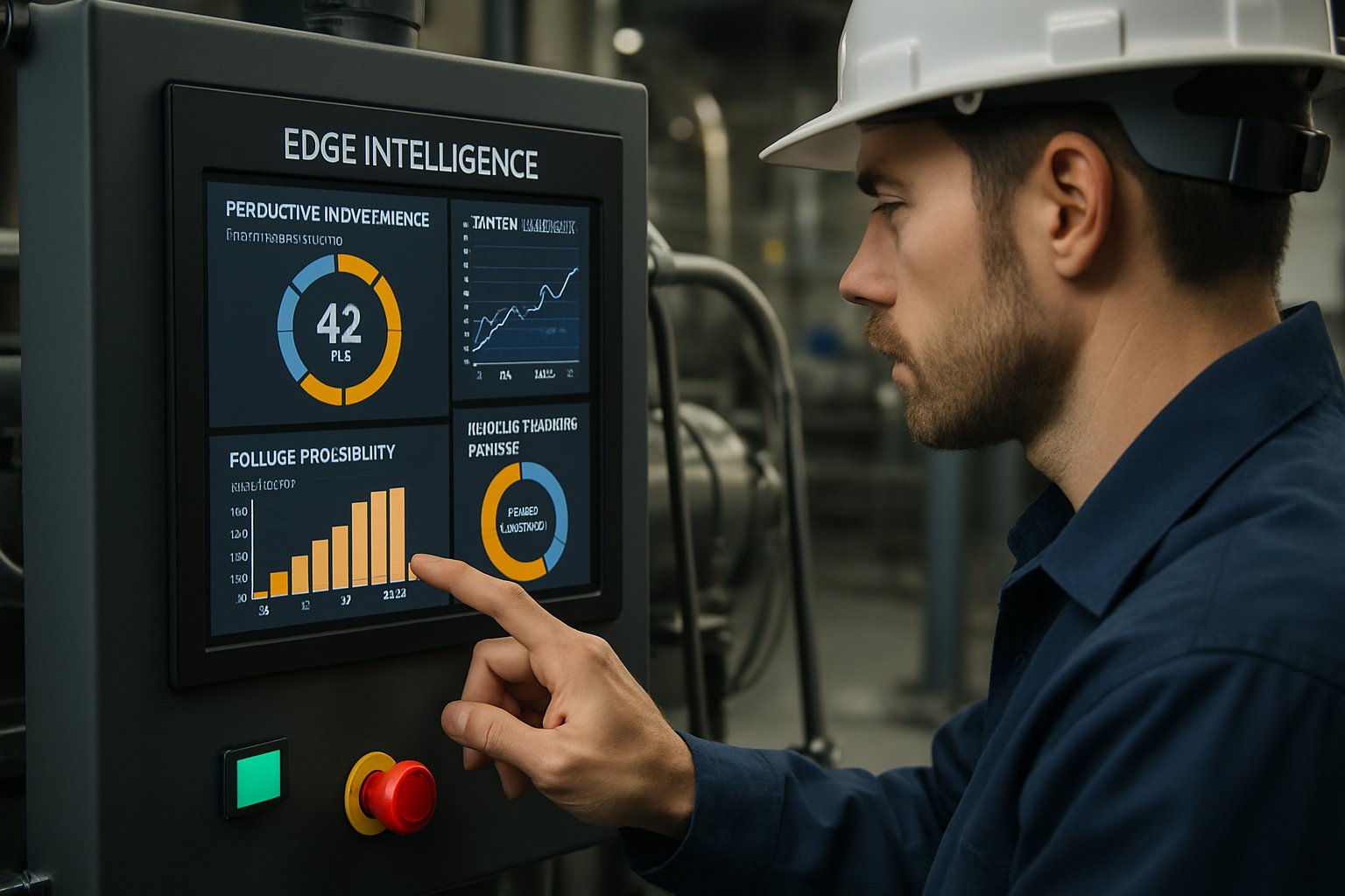 Technician using Edge Intelligence dashboard for factory predictive maintenance.