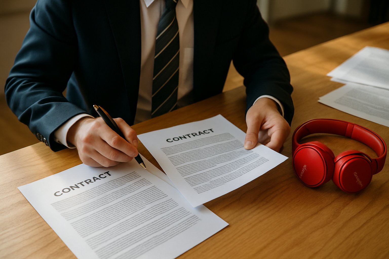 Music Identification policy and legal contracts reviewed in bright office.