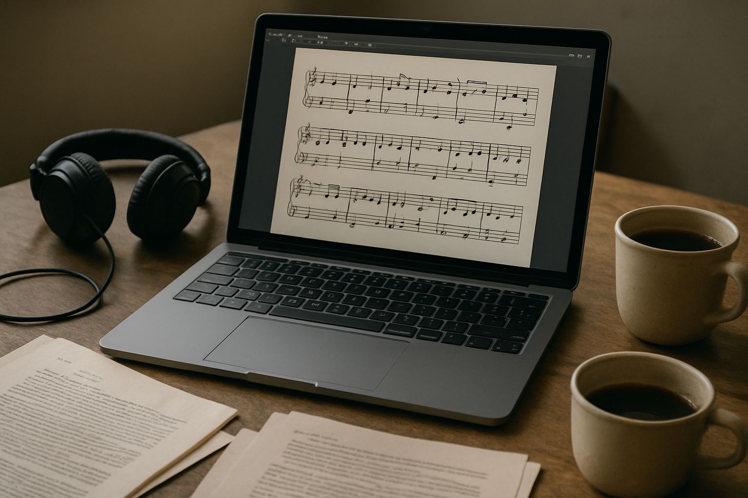 Laptop and legal documents discussing AI Copyright Infringement in music industry.