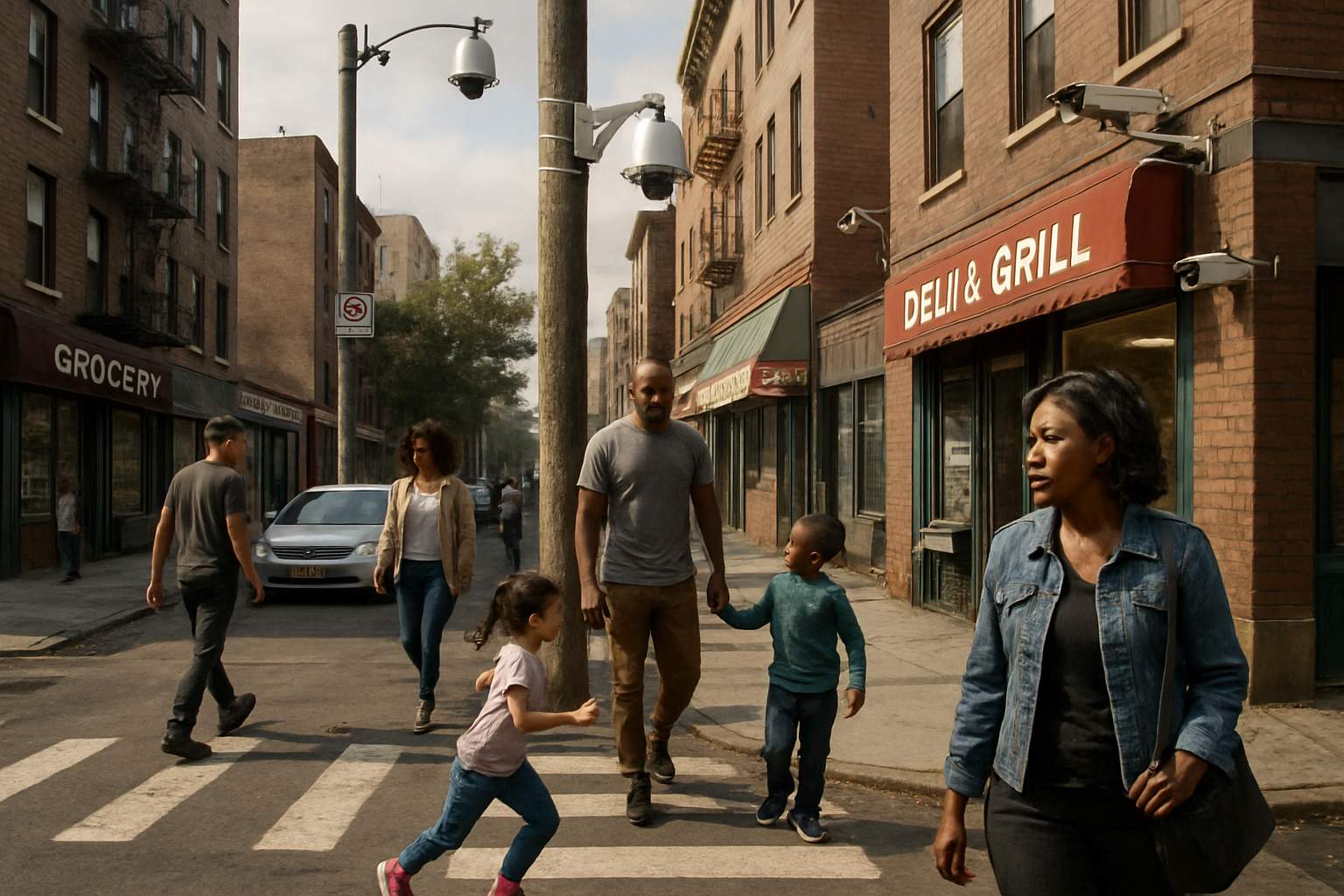 Urban neighborhood with surveillance cameras depicting Predictive Policing Ethics issues.