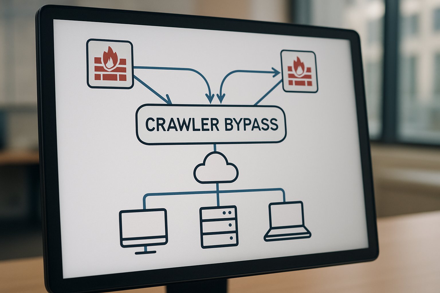 Crawler Bypass depicted as data arrows bypassing digital firewall barriers.