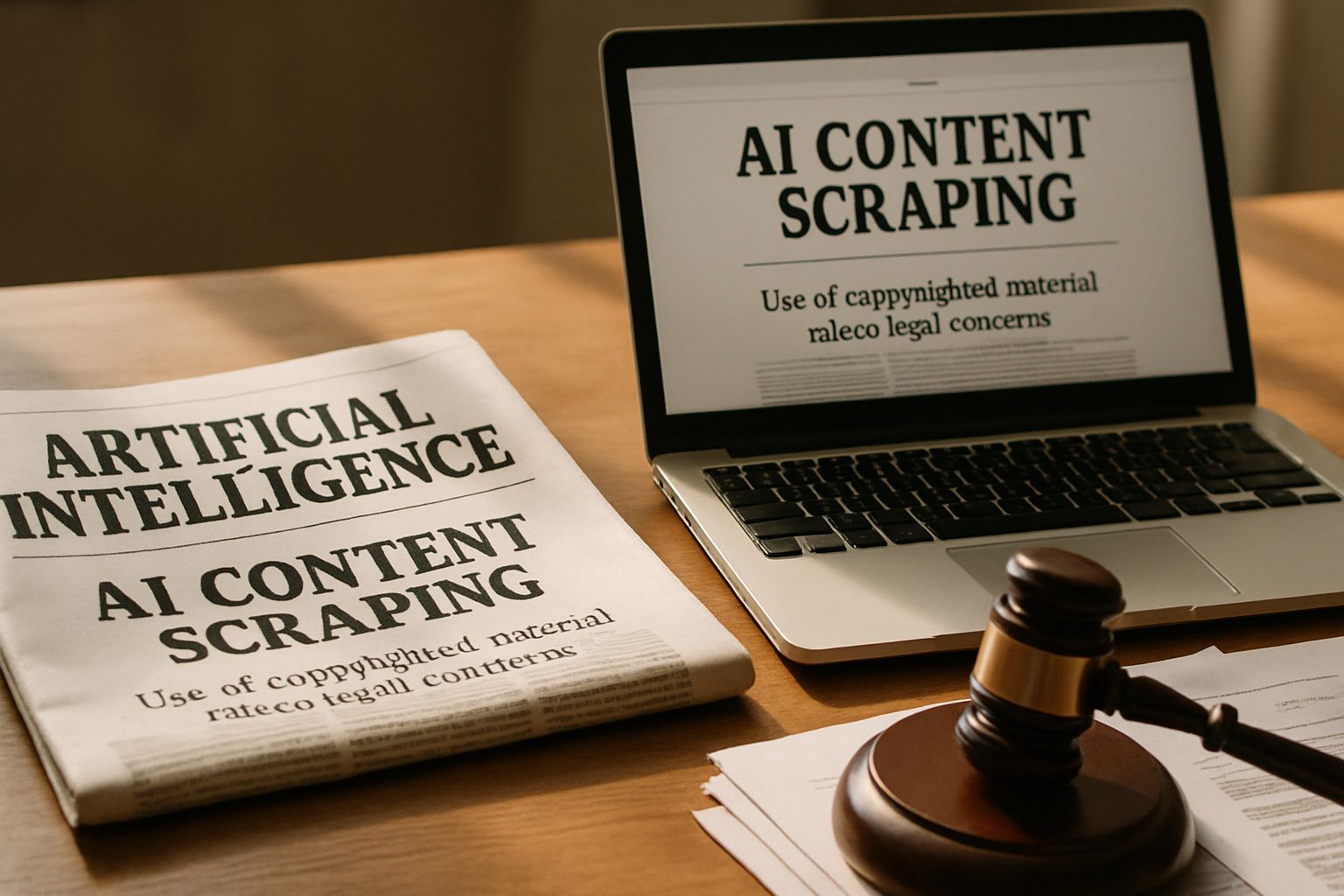 Newspaper and laptop highlight AI Content Scraping legal actions.