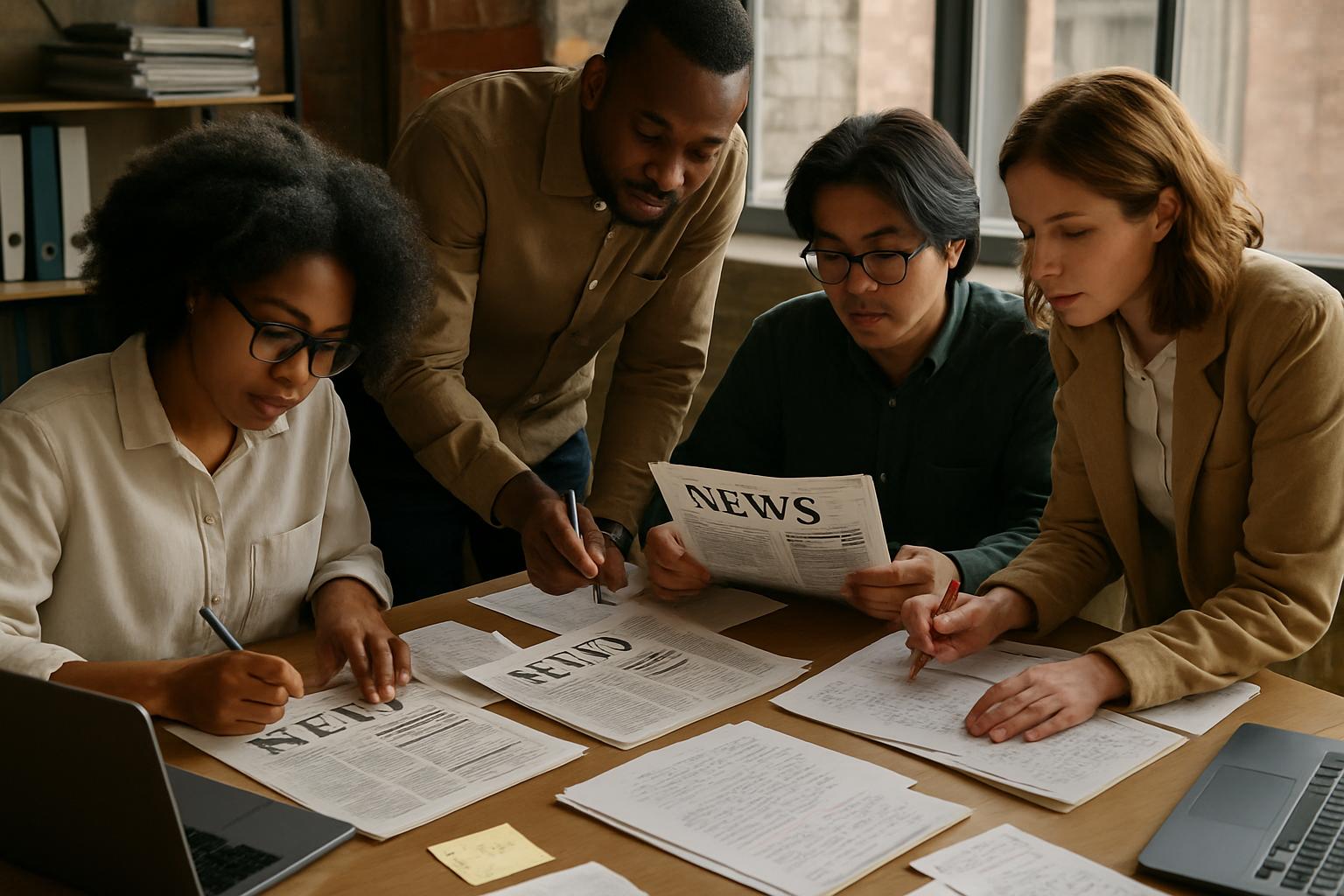 Journalist team reviewing newspapers with News Nutrition Labels in a modern newsroom.
