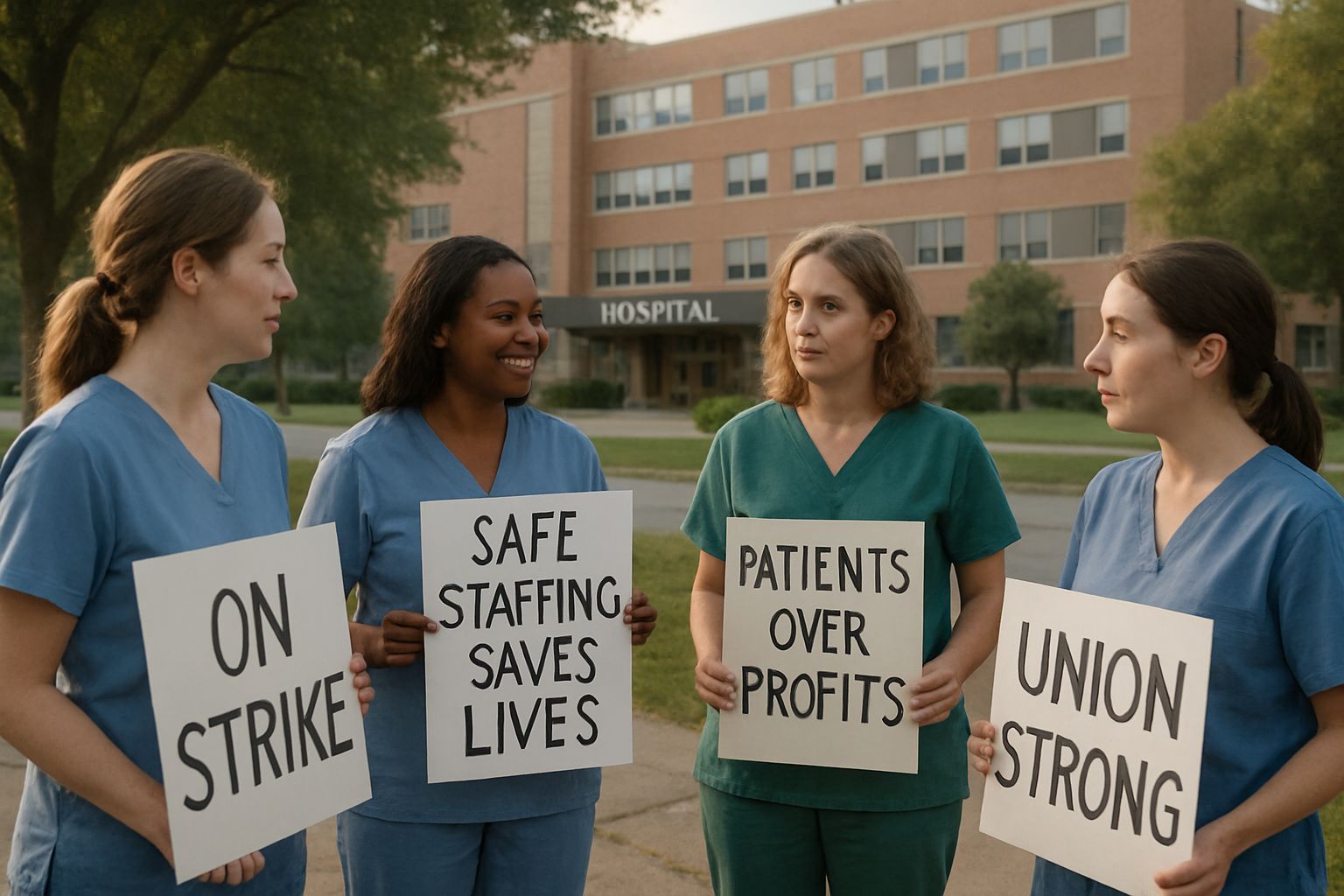 Healthcare Labor illustrated by realistic nurse picket line at hospital